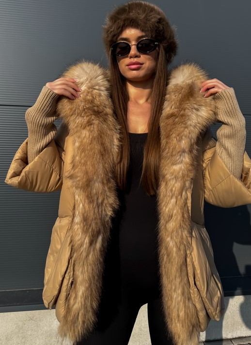 Svetlohnedá luxusná bunda s kožušinou