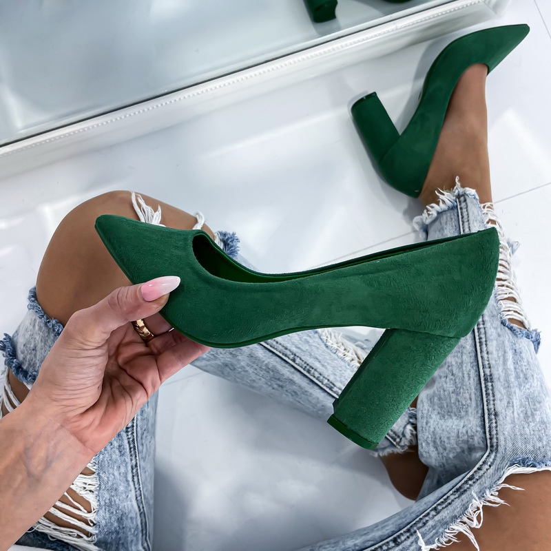 Dámske zelené lodičky s hrubým opätkom