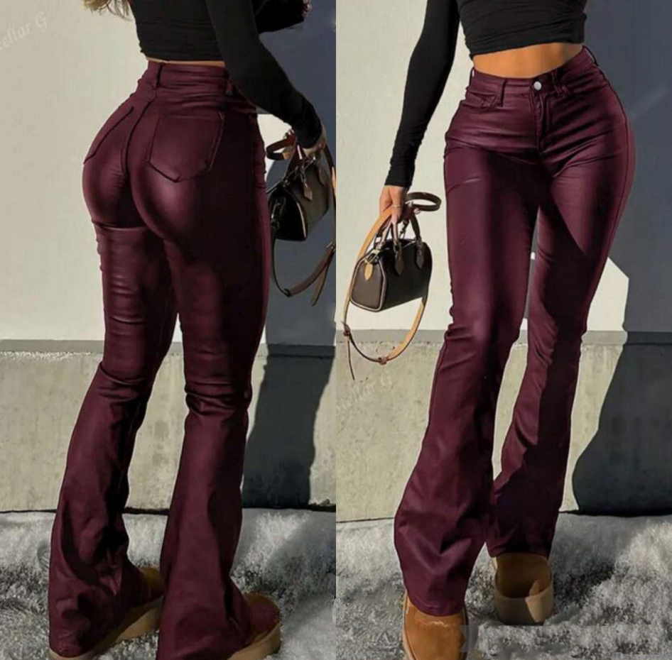 Bordové koženkové široké nohavice