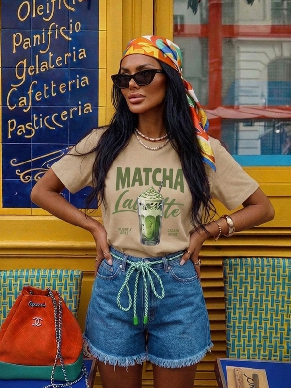 Dámske béžové tričko s potlačou Matcha Latte