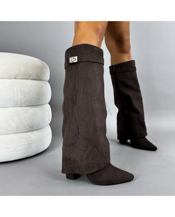 Tmavohnedé semišové vysoké čižmy-322306-20