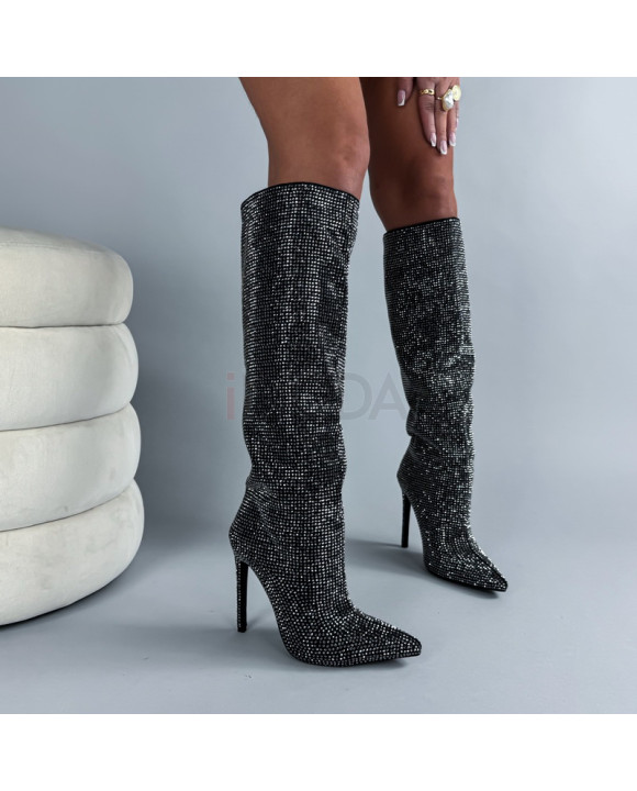 Čierne vysoké čižmy s kamienkami-324522-20