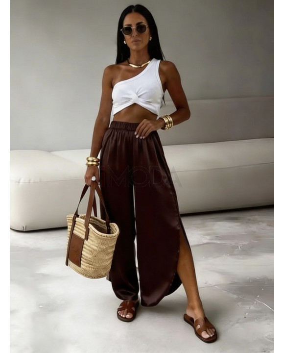 Tmavohnedé saténové nohavice-327053-20