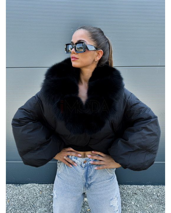 Páperová čierna bunda s pravou kožušinou-321117-20