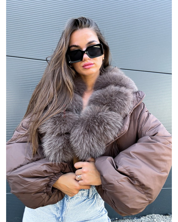 Páperová hnedá bunda s pravou kožušinou-321118-20