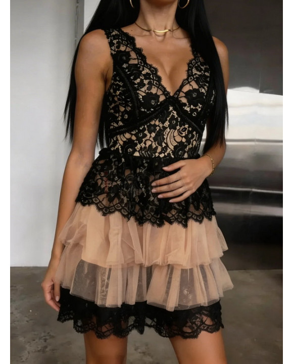 Čierno-béžové čipkované šaty s tylovou sukňou-327129-20