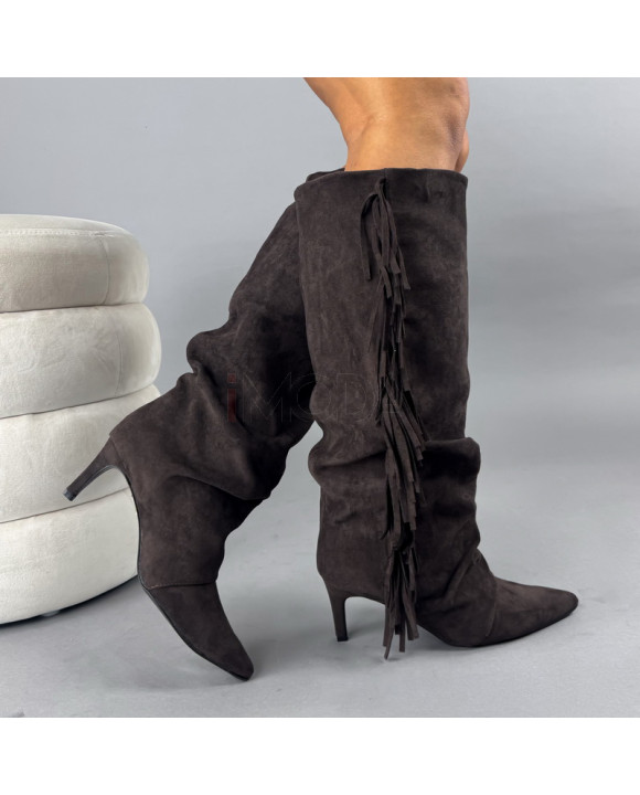 Tmavohnedé semišové vysoké čižmy so strapcami-323340-20