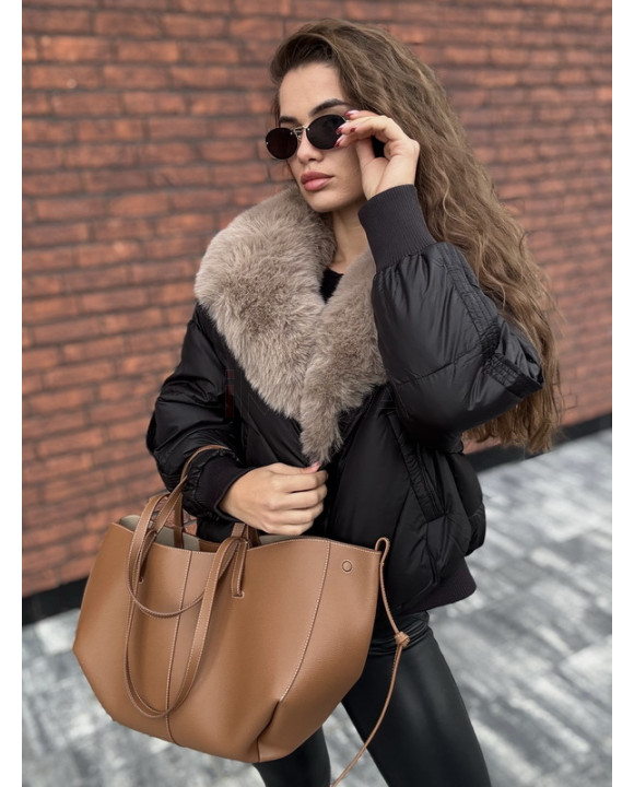 Čierna krátka vetrovka s kožušinou-322723-20