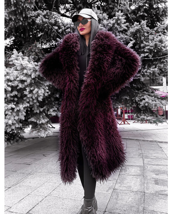 Bordový dlhý kožušinový kabát-314043-20