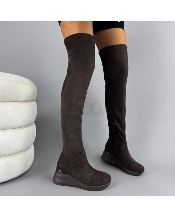 Tmavohnedé semišové vysoké čižmy-323127-20