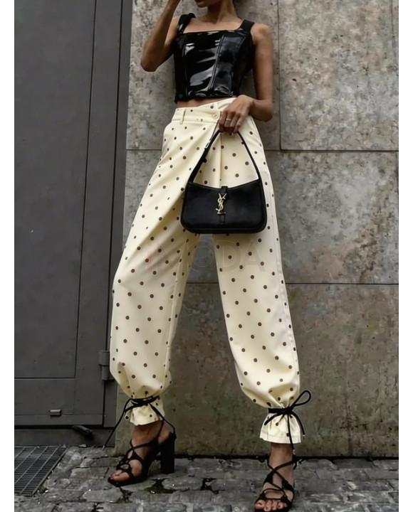 Smotanové široké bodkované nohavice-326643-20