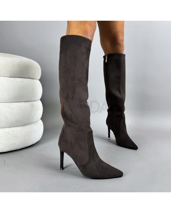 Tmavohnedé semišové vysoké čižmy-322712-20