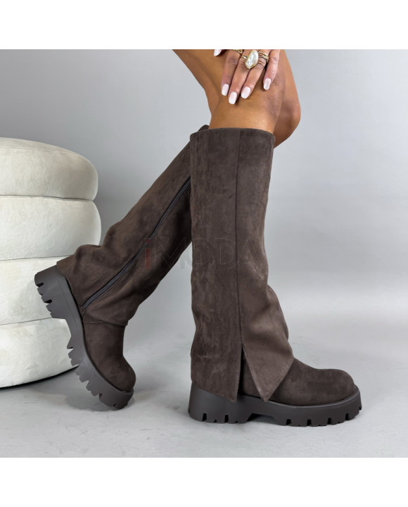 Tmavohnedé semišové vysoké čižmy-322421-20