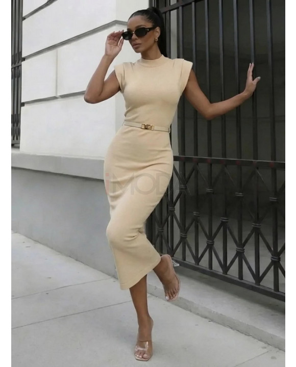 Béžové vrúbkované úpletové šaty s opaskom-326587-20