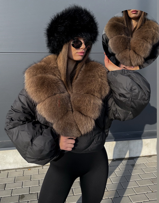 Páperová čierna bunda s pravou kožušinou-313442-312