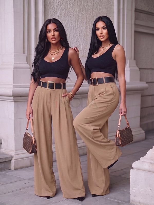 Béžové široké nohavice s opaskom-329829-35