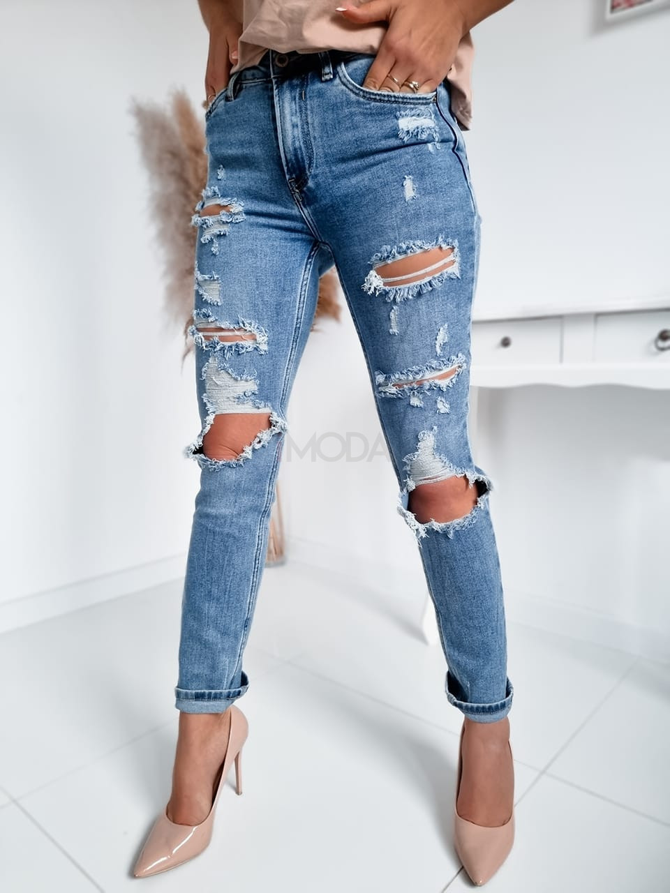 Modré elastické potrhané rifle-261771-36