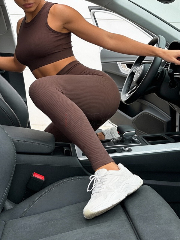 Tmavohnedé vrúbkované push-up legíny-324638-35