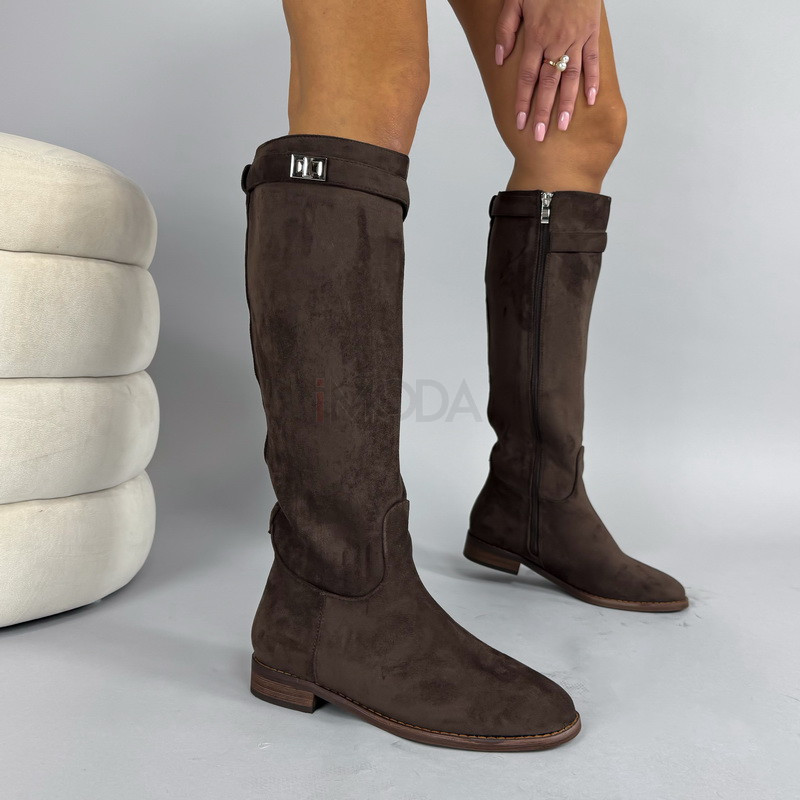 Tmavohnedé semišové vysoké čižmy-323888-31