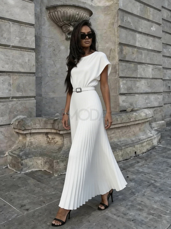 Biele šaty s plisovanou sukňou a opaskom-327127-31