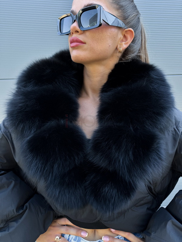 Páperová čierna bunda s pravou kožušinou-321117-35