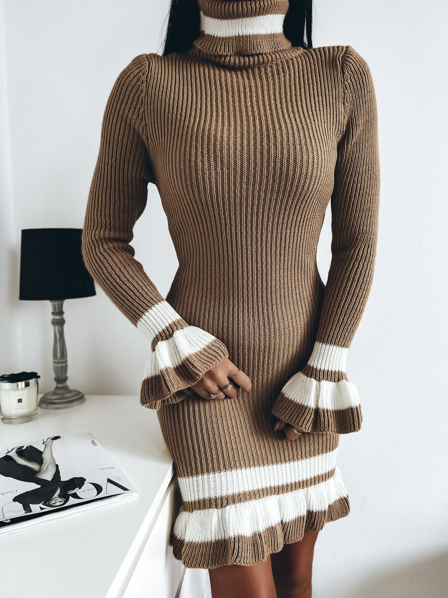 Svetlohnedé pletené rolákové šaty-278766-31