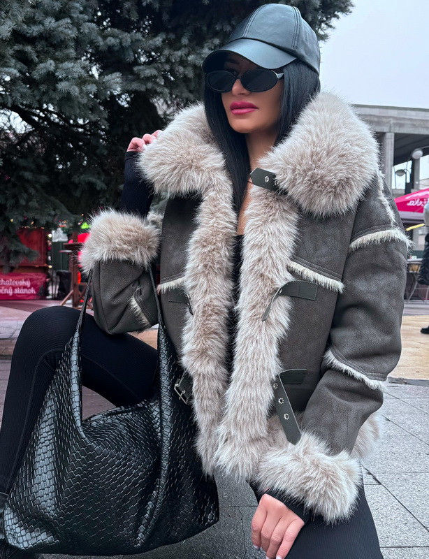 Sivá jelenicová bunda s pravou kožušinou-313981-313