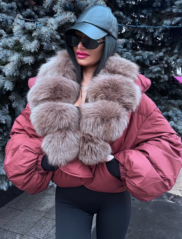 Páperová bordová bunda s pravou kožušinou-314001-32