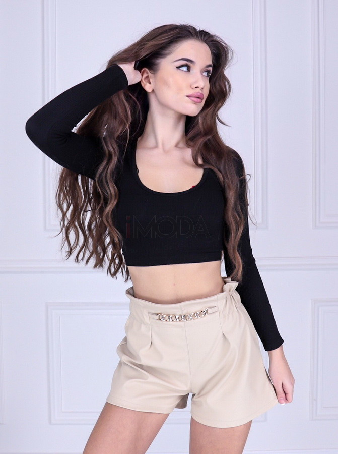 Béžové krátke koženkové nohavice-228611-33
