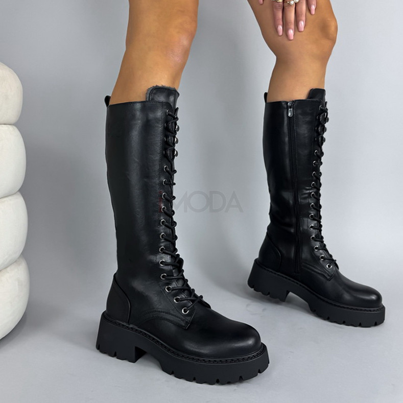 Čierne vysoké čižmy na šnurovanie-324211-315