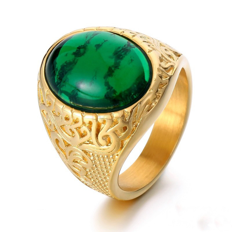 Pánsky pozlátený oceľový so zeleným kameňom-315837-34