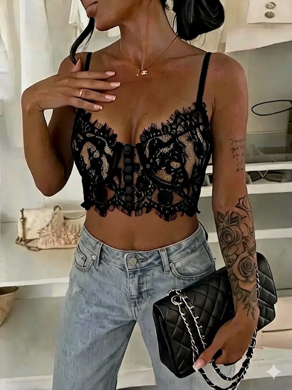  Čierny CROP čipkovaný top-327602-32