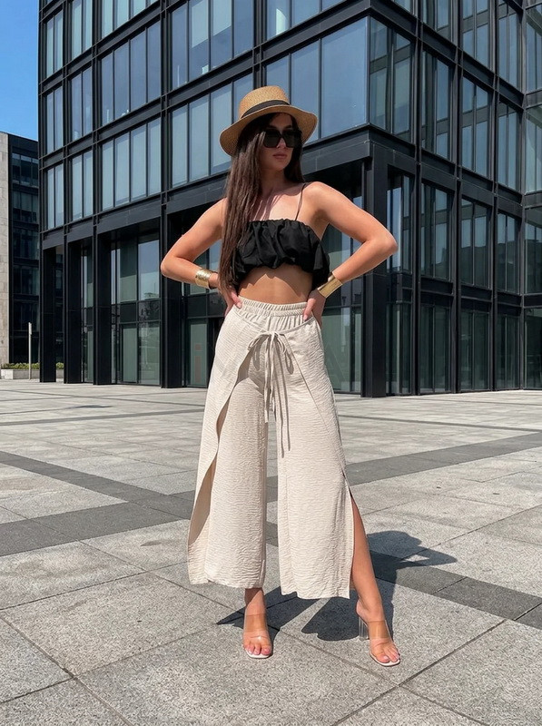 Béžové široké nohavice Dubaj s rozparkom-318850-39