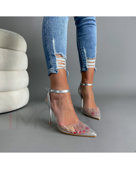 Strieborné transparentné sandále s kamienkami