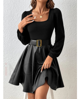 Čierne  šaty s koženkovou sukňou