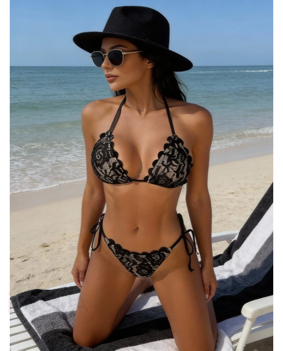 Čierne čipkované dvojdielne plavky-325488-20