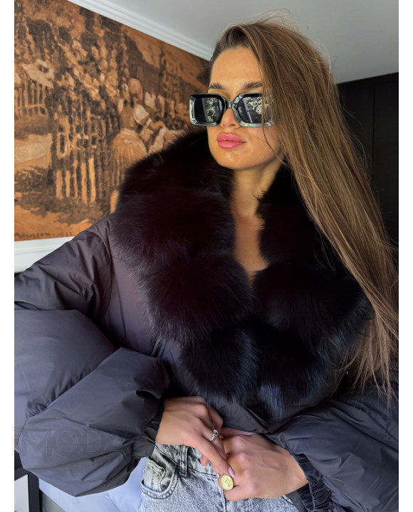 Páperová čierna bunda s pravou kožušinou-321117-20