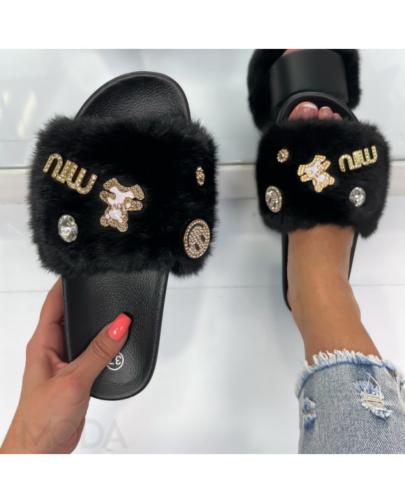 Čierne kožušinové šľapky-301469-20
