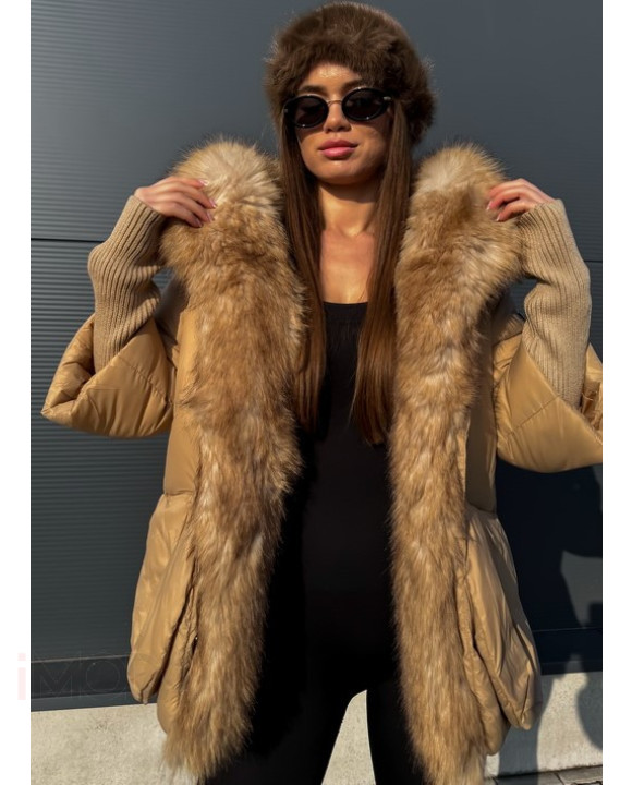 Svetlohnedá luxusná bunda s kožušinou-313406-20