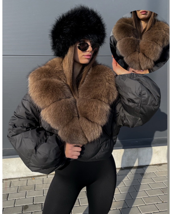 Páperová čierna bunda s pravou kožušinou-313442-20