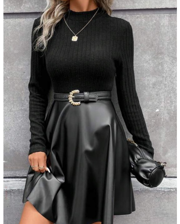 Čierne šaty s koženkovou sukňou-296455-20