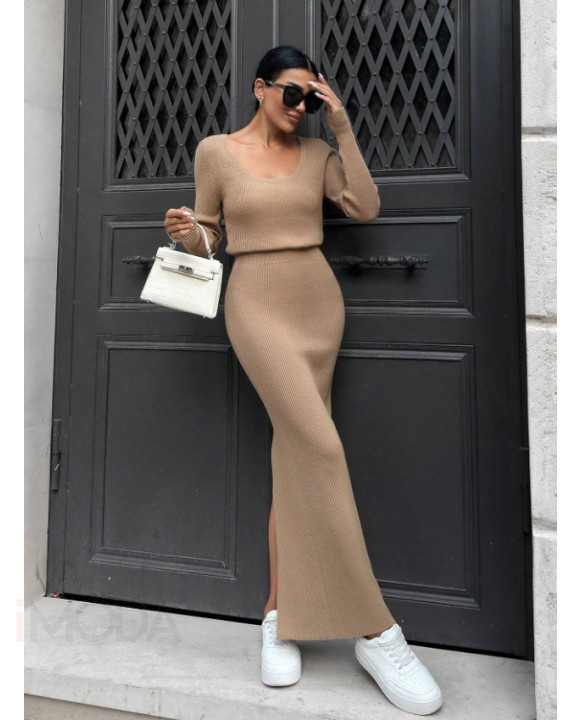 Hnedý vrúbkovaný sukňový komplet-310641-20