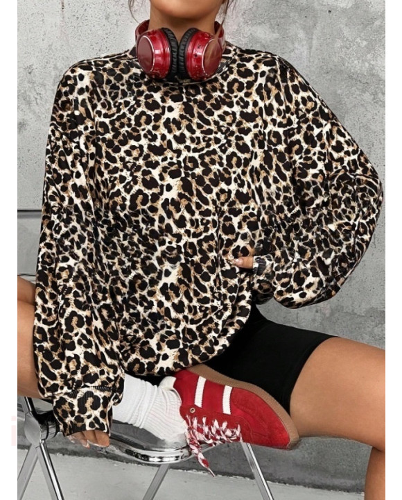 Hnedá oversize mikina s leoparím vzorom-308414-20