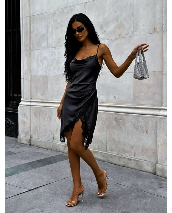 Čierné saténové šaty s čipkou-326635-20