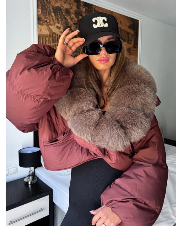 Páperová bordová bunda s pravou kožušinou-314001-20