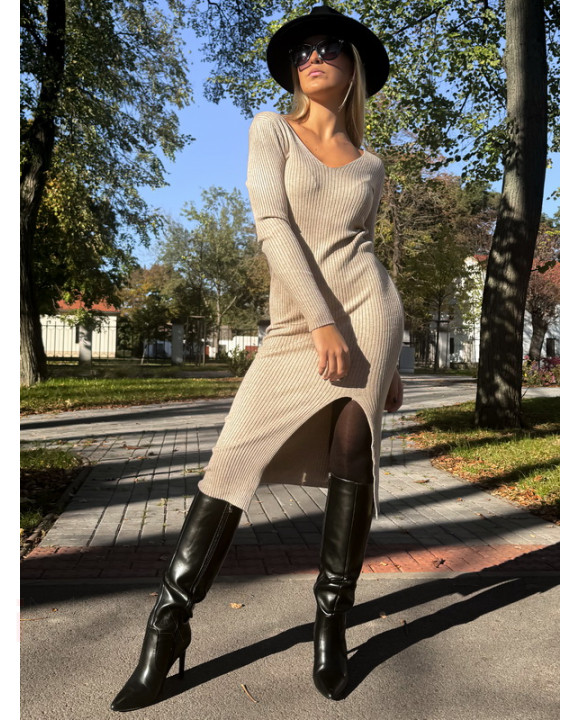 Béžové dlhé upletové šaty-312076-20