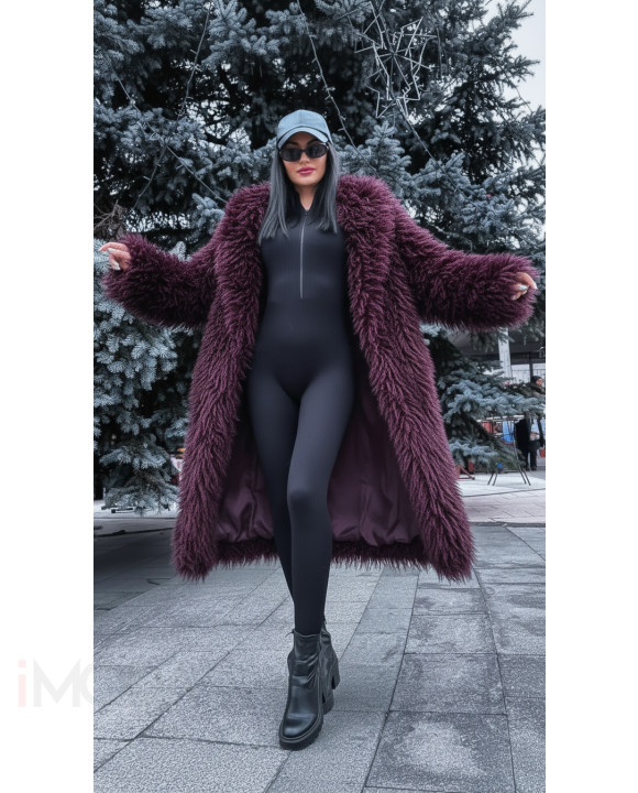 Bordový dlhý kožušinový kabát-314043-20