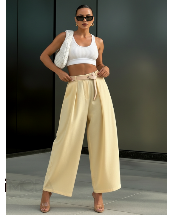 Žlté široké nohavice s opaskom-326099-20