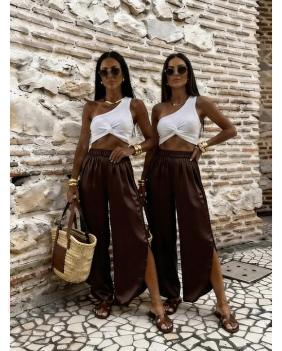 Tmavohnedé saténové nohavice-327053-20