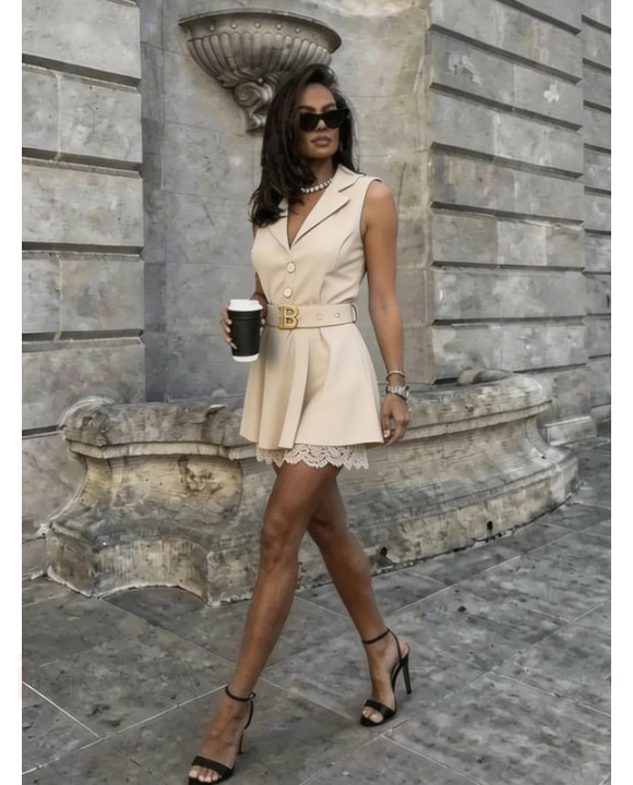 Béžový overal s čipkou a opaskom-327113-20